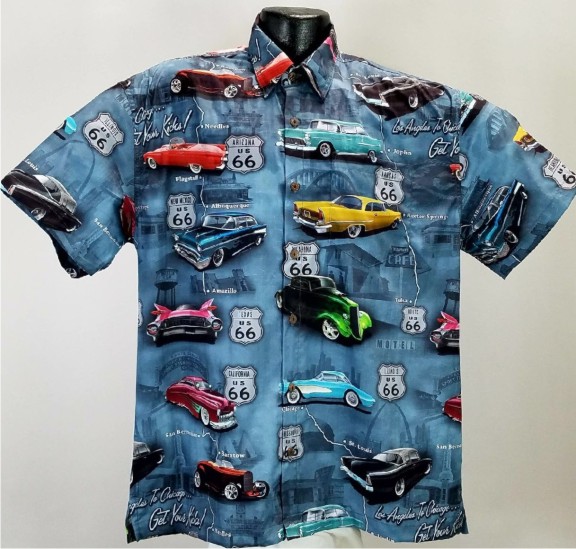 Route 66 Classic Car Hawaiian Shirt- Made in USA- 100% Cotton
